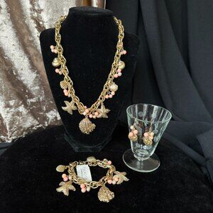 Peach + Gold Seashell Starfish Charm Bracelet Adjustable Necklace Earrings NWT